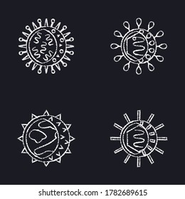 Chalkboard Virus Cell Icons Collection In Line Style. Symbols Of Influenza And Hepatitis, Polio Virus And Hantavirus.