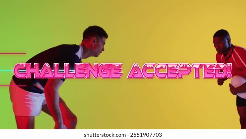 Challenge Accepted! text image over two rugby players in action. Sports, teamwork, competition, athletic, movement, dynamic - Powered by Shutterstock