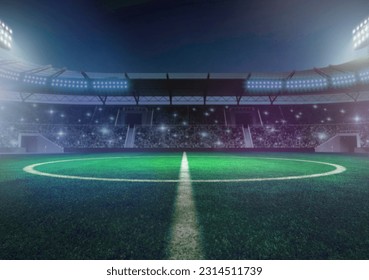 Challenge stadium concept with an illuminated empty soccer field for Champions leage  - Powered by Shutterstock