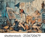 The Chamber of Genius by Thomas Rowlandson, a caricature of a poverty-stricken artist painting at his home with his family in the background. Vintage poverty family art drawing illustration