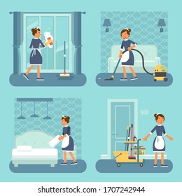 Chambermaid chores illustration set. Cheerful made in uniform cartoon character. woman in apron washing window, vacuuming, making bed. Hotel room cleaning service, housekeeping. Raster copy - Powered by Shutterstock