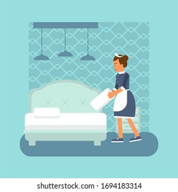 Chambermaid makes bed flat illustration  Young housekeeper in uniform holding pillow cartoon character  Maid occupation  housekeeping staff  Room cleaning service  Professional tidying  Raster copy