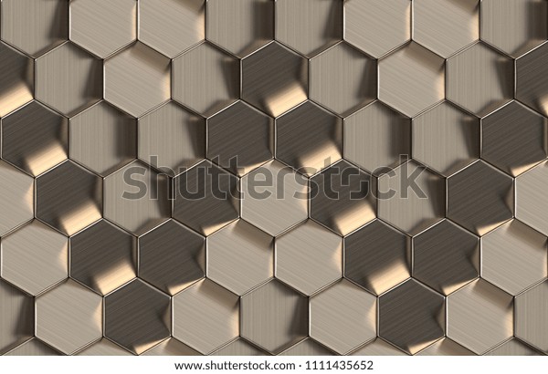Chamfered hexagons in scratched gold metal. High quality seamless realistic texture.