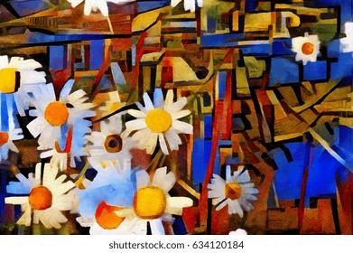 Chamomile. Floral abstraction in modern cubic style. Executed in oil on canvas with elements of pastel painting.