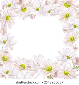 chamomile leaves and buds pearl frame watercolor illustration isolated on white background base for card design textile tableware wedding invitation - Powered by Shutterstock