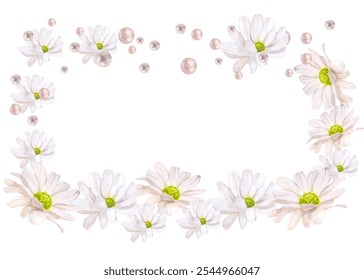 chamomile leaves and buds pearl rectangular frame watercolor illustration isolated on white background base for card design textile tableware wedding invitations - Powered by Shutterstock