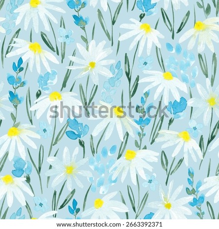 Chamomile seamless pattern hand drawn with watercolor. Cute floral pattern with abstract daisy flowers. Bright summer design for surface, packaging, textile, fabric