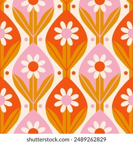 Chamomile seamless pattern. Mid century vibe. Vector illustration