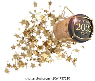 Champagne Bottle Cork Popping Above Golden Stars Explosion, 3d Illustration