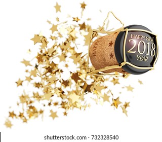 Champagne Bottle Cork Popping Above Golden Stars Explosion, 3d Illustration