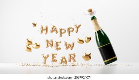 Champagne bottle explosion and happy new year balloon wishes on white 3D illustration