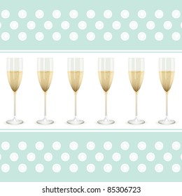 Champagne Filled Flute Glasses On A White Border Against Duck Egg Blue Background With Swirly Circles