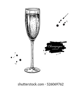 Champagne Glass With Bubbles. Hand Drawn Isolated Illustration. Alcohol Drink In Engraved Style. Vintage Beverage Sketch. Great For Bar And Restaurant Menu, Poster, Banner. Celebration Concept