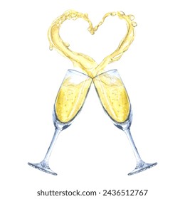 Champagne glass heart watercolor drawing two love. Golden sparkling party valentine goblet celebrate. Wedding couple festival anniversary holiday drink. Isolated alchogol wine bubble shiny stream flow - Powered by Shutterstock