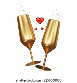 Champagne glasses icon. Gold wine glasses with the inscription love. Two champagne glasses. Valentines day. Golden glasses. Wedding. Love. Heart 3d rendering. 3d Illustration. - Powered by Shutterstock