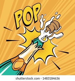 Champagne open bottle comic  illustration. Popping cork and explosion. - Powered by Shutterstock