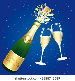 Champagne toast. Blue and gold Happy New Year 2024 or Congratulations Greeting card. Champaign bottle festive background illustration. - Powered by Shutterstock