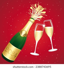 Champagne toast. Red and gold Happy New Year 2024 or Congratulations Greeting card. Champaign bottle festive background illustration. - Powered by Shutterstock