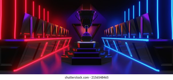 Champion Cup Of E Sports Gaming Challenge Tournament, Red Vs Blue Team Of Player, 3d Illustration Rendering, Gamer Teamwork Battle, Cyberpunk Scifi Stage Room Arena