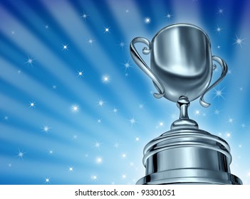 Champion Silver Cup Award In A Dynamic Forced Perspective Camera Angle And A Blue Star Burst Glowing Sparkles Background As Success In Sports And  In A Competition As A Winner In Business.