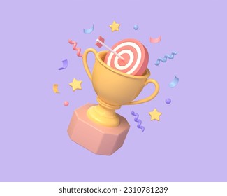 Champion trophy, golden goblet and an arrow hitting the target. Realistic 3D design of Winner prize, sports award, success concept in minimalistic cartoon style. 3d rendering - Powered by Shutterstock