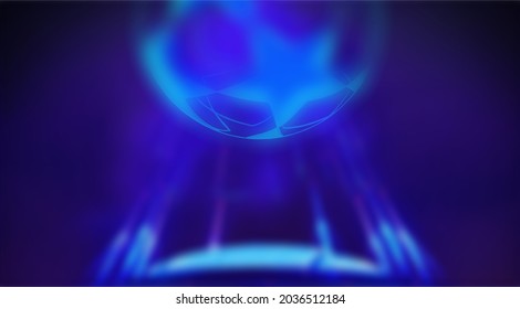 Champions League. Soccer ball on a blue background. Blue gradient background with soccer ball and stars. Banner on the theme of football, championship, sports. 