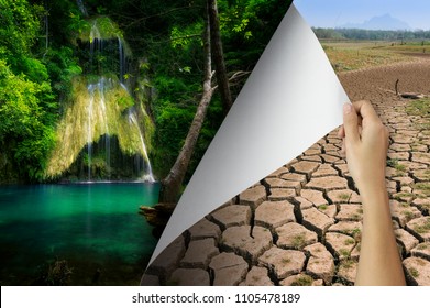 Change concept, Woman hand turning arid environment paper page to good environment. - Shutterstock ID 1105478189