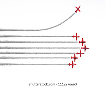 Change strategic direction going a different path business concept as an independent free thinker idea with air show jet airplanes with 3D illustration elements on white.