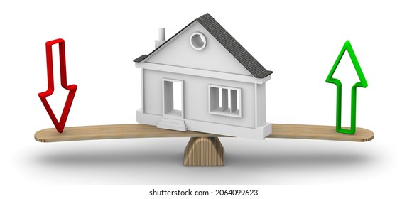 Changes in the value of real estate. Symbolic house with upward and downward arrows on the scales. The scales in the equilibrium position. 3d illustration