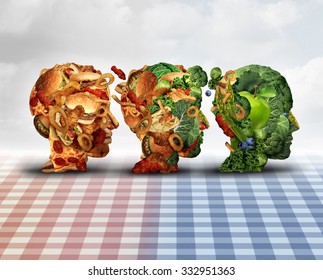 Changing diet healthy lifestyle achievement concept dieting progress as a lifestyle improvement symbol and evolving from unhealthy junk food to fresh fruits and vegetables shaped as a human head. - Powered by Shutterstock