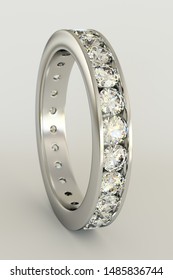 Channel set eternity diamond ring on white background. 3D illustration