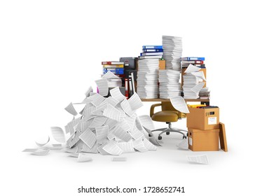 chaos, a bunch of paper documents and folders on the office desk. Cardboard boxes. 3d illustration