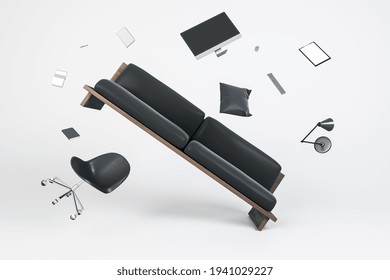 Chaos And Zero Gravity Concept With Flying Black Sofa, Office Chair, Computer Monitor, Lamp And Notebooks. 3D Rendering