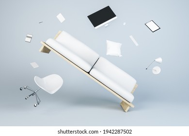 Chaos And Zero Gravity Concept With Flying White Sofa, Office Chair, Computer Monitor, Lamp And Notebooks On Abstract Background. 3D Rendering