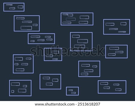A chaotic arrangement of overlapping squares and rectangles, reminiscent of a digital glitch or a glitch art aesthetic. The composition evokes a sense of disorientation and chaos.