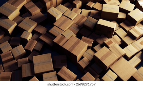 A chaotic array of wooden boxes in varying sizes, some haphazardly stacked and others spread out, cast dramatic shadows that highlight their textured surfaces and edges. 3D Illustration