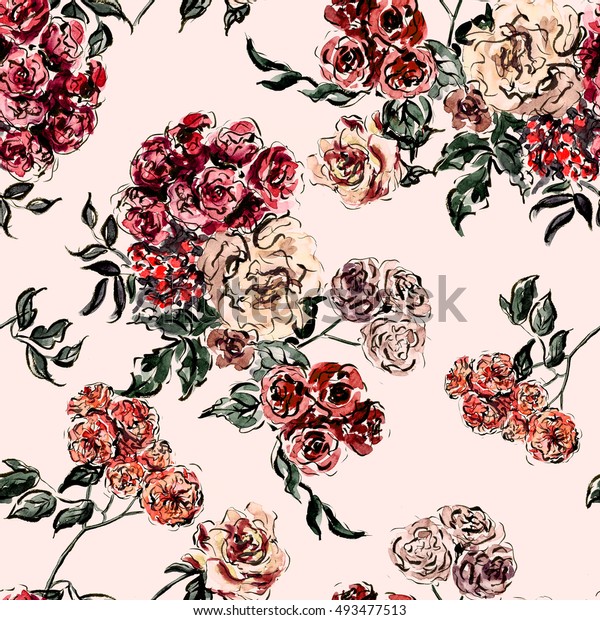 混沌としたバラの花は水彩柄 ビンテージ手描きの水彩色と筆ペンのインクの花のブーケシームレスなパターン サーフェス 繊維 インテリアデザインのレトロな花柄 の壁紙背景 のイラスト素材