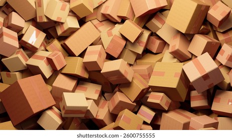 A chaotic stack of cardboard boxes in brown and tan hues, some adorned with striped tape, creates a disorganized tower ready for shipping or storage. 3D Illustration