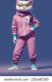 Character Anthropomorphic Cat Dressed Pink Sport Suit, Full Body