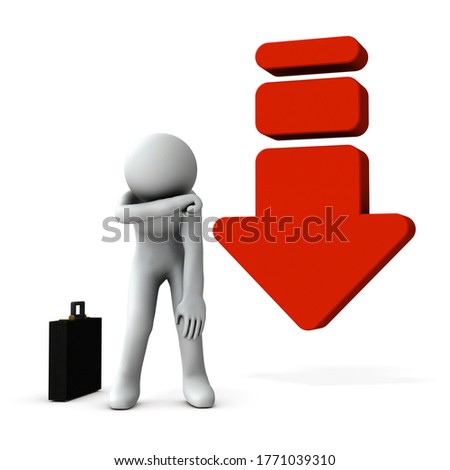 Character with big down arrow. It represents discouragement. White background. 3D illustration.