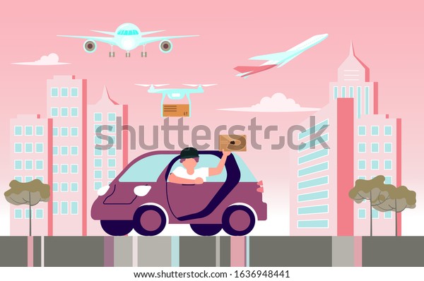 Ñourier\
character by car. Delivery service working in city concept design\
in cartoon style. Flat Art Rastered\
Copy