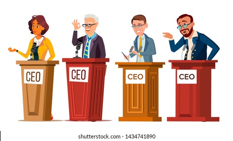 Character Ceo Talking From Tribune Set . Man And Woman Orator Ceo Public Speaking From Rostrum With Microphone. Businessman Director Leader Speech Or Presentation Flat Cartoon Illustration