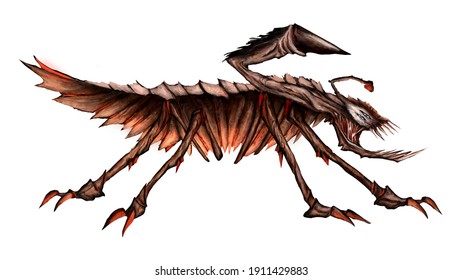 character concept. an insect with many legs and a scorpion sting with open jaws. He has a chitinous shell and a glow emanates from his belly. it has a comb on its back. 2D illustration