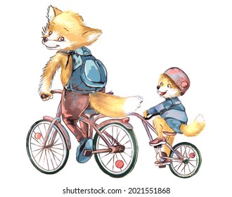 Character dad mom fox and backpack   little child son daughter in jacket in helmet ride tandem bike yellow orange red blue