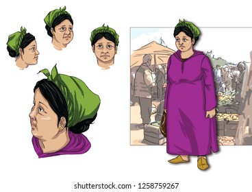 Character Desing Of A Moroccan Old  Woman With Djelaba In Souk 