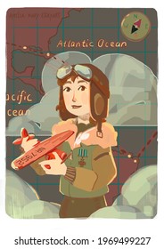 The Character Of The Famous American Amelia Mary Earhart, The First Female Pilot To Cross The Atlantic Ocean. The Woman Is Holding A Red Plane, The Character Is Depicted On The Background Of The Map