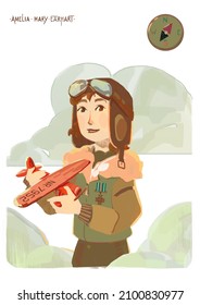 The Character Of The Famous American Woman Amelia Mary Earhart, The First Female Pilot To Fly Over The Atlantic Ocean. A Woman Holds A Red Plane In Her Hands	