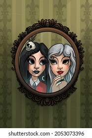 Character Illustration, Two Modern Witches Gather For A Sabbath Are Displayed In A Vintage Frame
 With A Mirror Against The Background Of A Green Wall With Wallpaper, Paint Lips, Skull, Moon, Mysticis