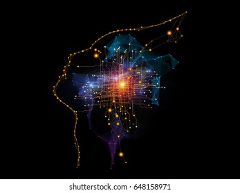 Character of Network series. Backdrop of human profile made of connected light nodes on the subject of networking, science and modern technology