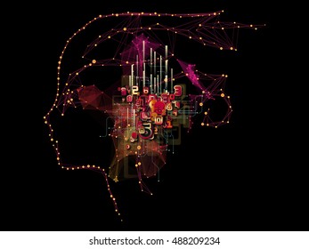 Character of Network series. Interplay of human profile made of connected light nodes on the subject of networking, science and modern technology